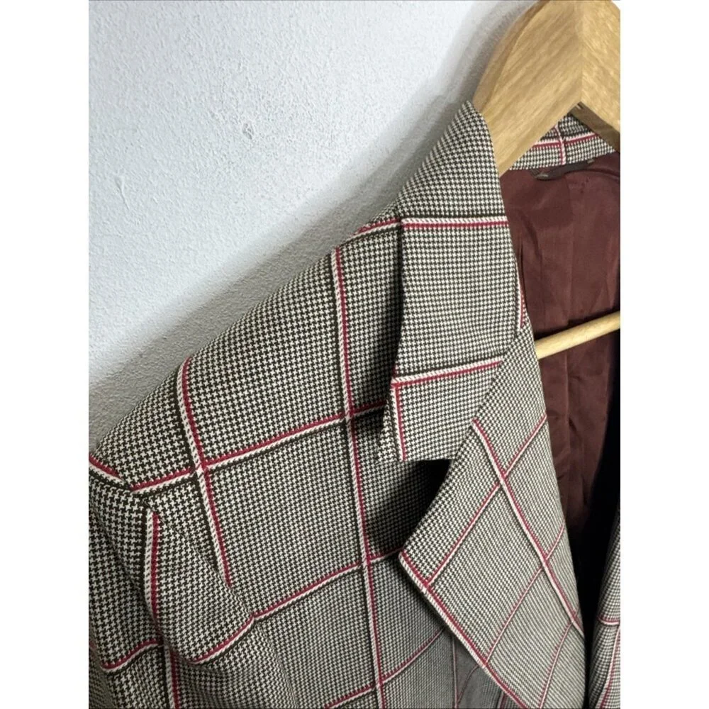 Vintage 70s 80s Men’s 40L Tall Wool Blazer Sport Coat Windowpane Plaid Retro Mod